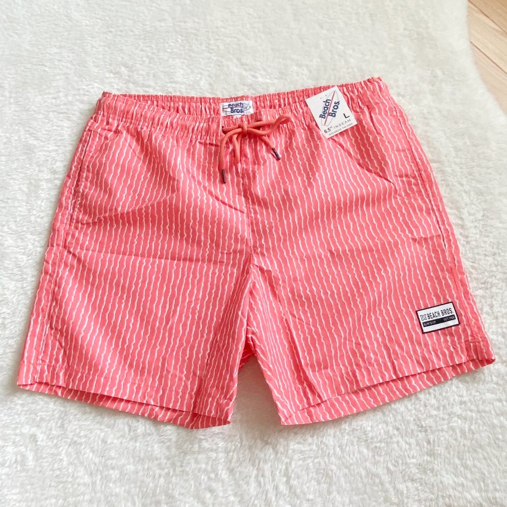 Beach Bros Men's Swim Shorts, Stripe Pattern, Coral, Size L